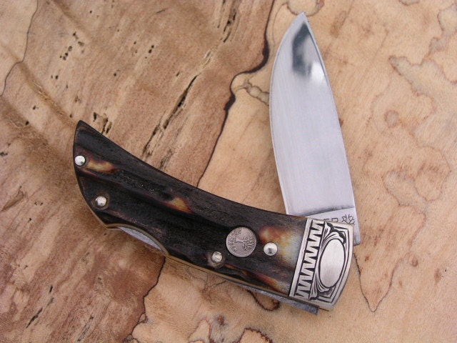 Personalized Hand Engraved Boker Lockback Stag Pocket Knife   Graduation Gift for Men