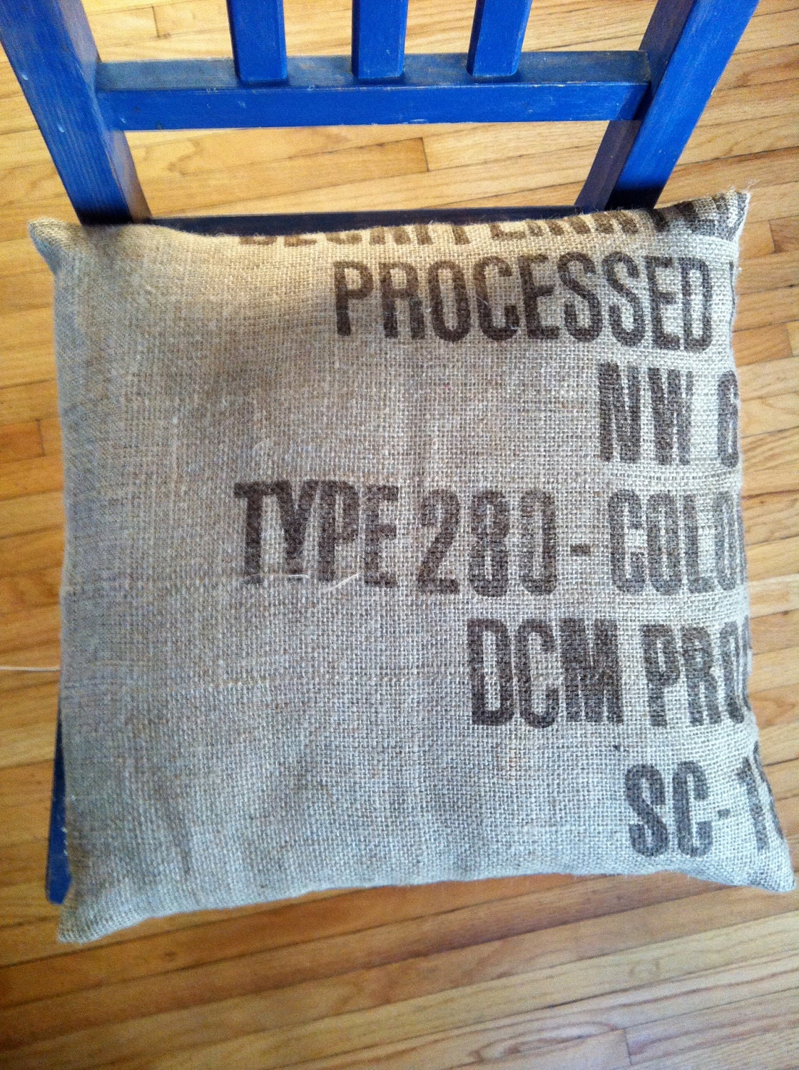 A Decaf German pillow, from repurposed coffee sack