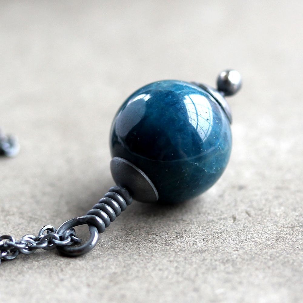 Teal Kyanite Necklace, Deep Teal Ocean Blue Green Kyanite Stone Oxidized Sterling Silver Necklace