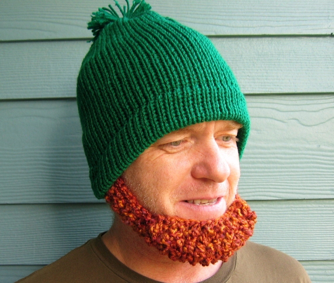 St Patrick's IRISH Beard Hat Beanie - READY to SHIP- Green Hat Red Beard