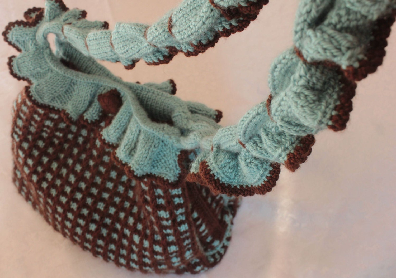 Knitted Handbag  -  Brown Aqua Blue - Spring Fashion Fall Fashion Holiday Accessories. St Patricks Day Everyday Wonderful Handmade