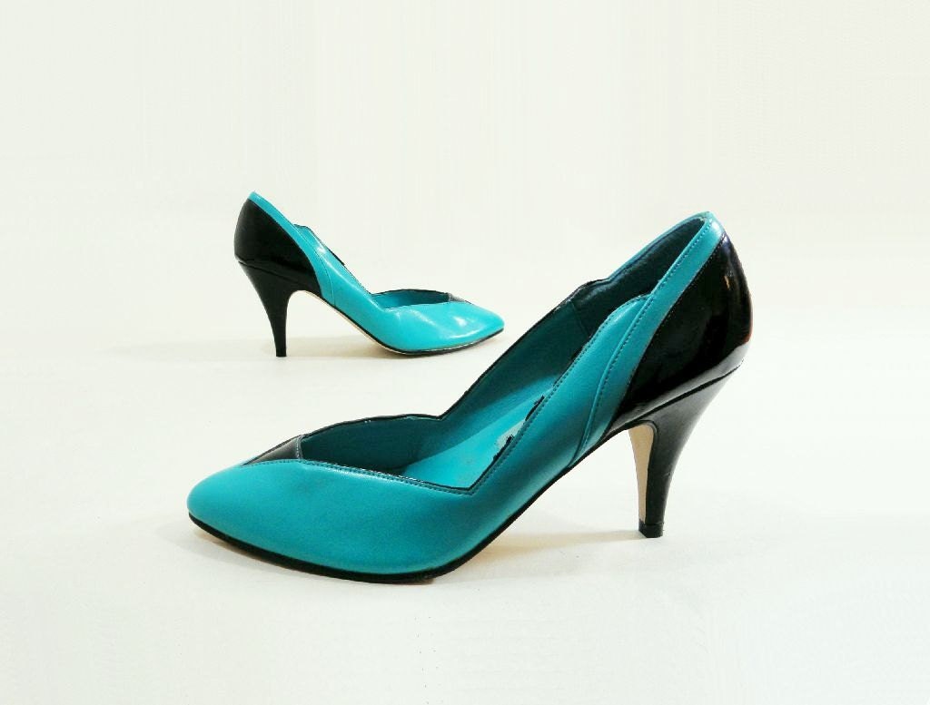 Vintage Shoes 80s Vegan Turquoise Black High Heel Pump Size 6