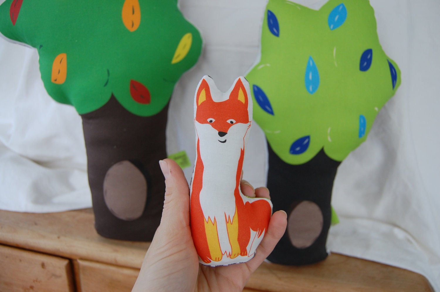 Tree and Fox Plush freestanding toys or soft sculptures