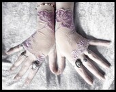 Wisteria Lace Fingerless Gloves - Nude Tan & Lavender Embroidered Floral - Gothic Vampire Regency Tribal Bellydance Goth Fetish Mourning
