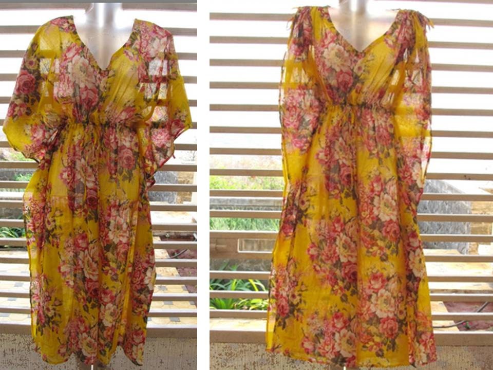 Summer Special Convertible Kaftan - yellow with bouquets of red, pink flowers - wear it loose or roll-up sleeves for slender look