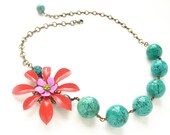 Rustic orange floral statement necklace, vintage brooch moss turquoise stone OOAK rustic orange green floral jewelry - soradesigns