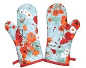 Oven Mitts Tangerine Poppies on Teal FREE DOMESTIC SHIPPING