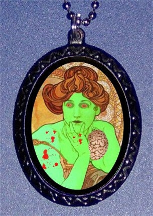 Art Nouveau Victorian Zombie Woman Psychobilly Horror Altered Art Necklace Pendant