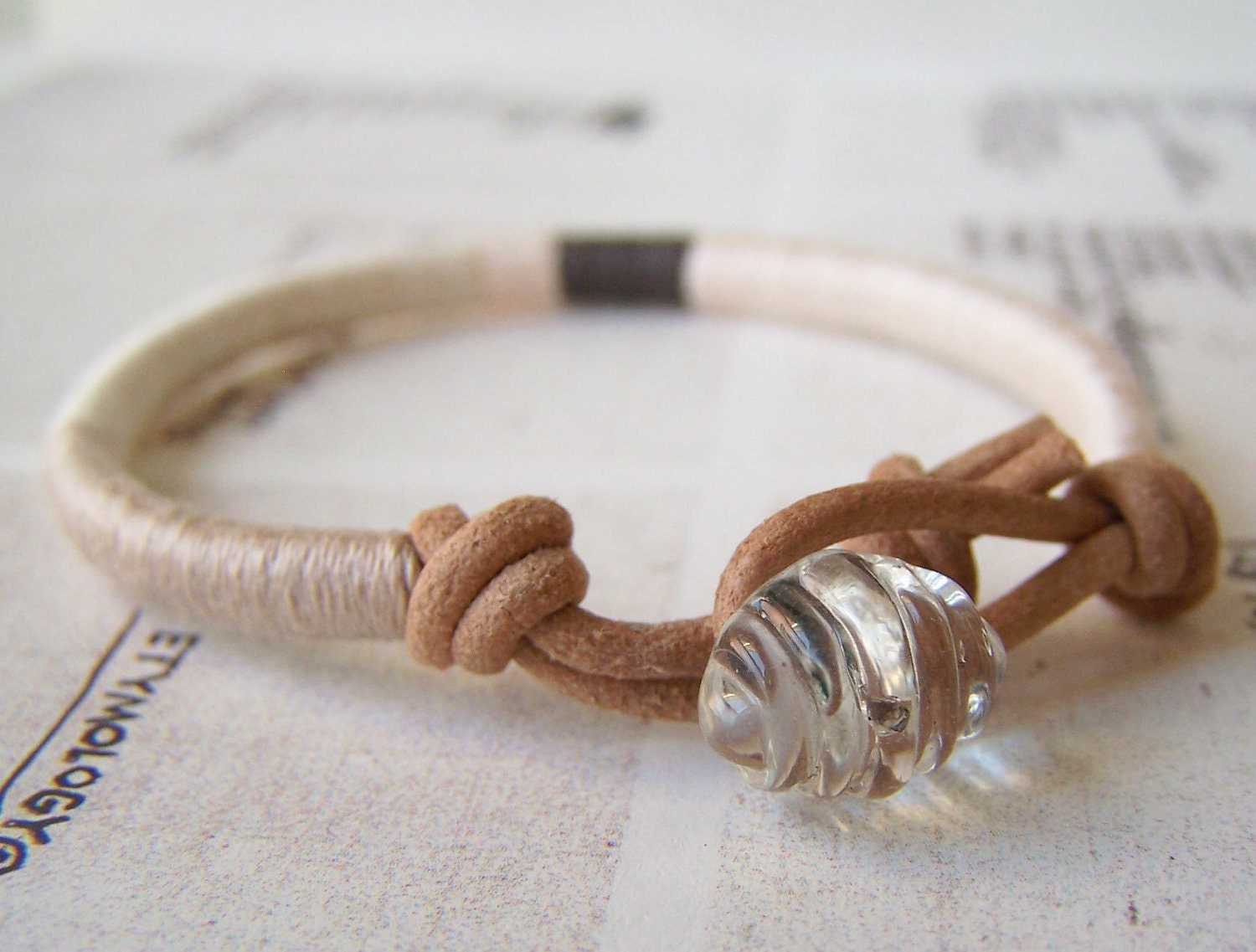 READY TO SHIP - Cooper bracelet - leather wrap, vintage button closure (powder pewter ecru champagne), handmade jewelry