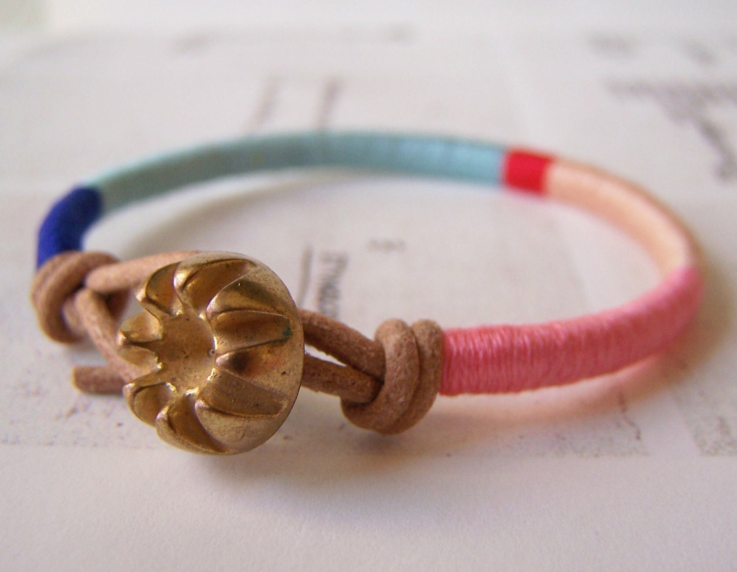 READY TO SHIP - Cooper bracelet - leather wrap, vintage button closure (royal aqua poppy peach carnation), handmade jewelry