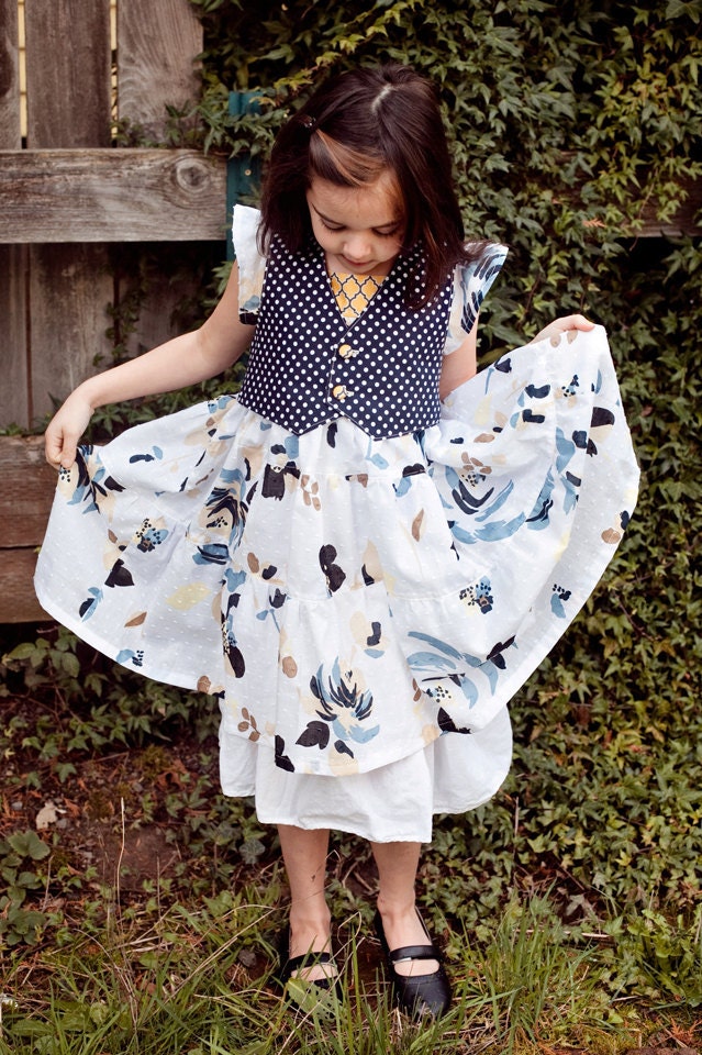Girls White/Navy Tiered Ruffle Sleeve Dress and Polka Dot Vest Set... Size 2T through 12