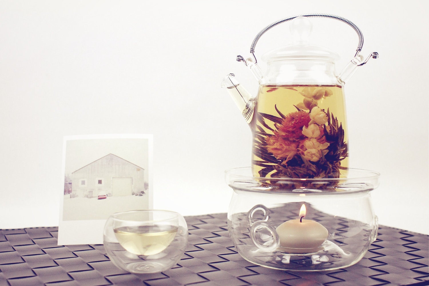 Glass Teapot Set with Double Glass Tea Cup & Teapot Base Stand - Best for Flowering Tea Blooming Tea Jasmine Tea
