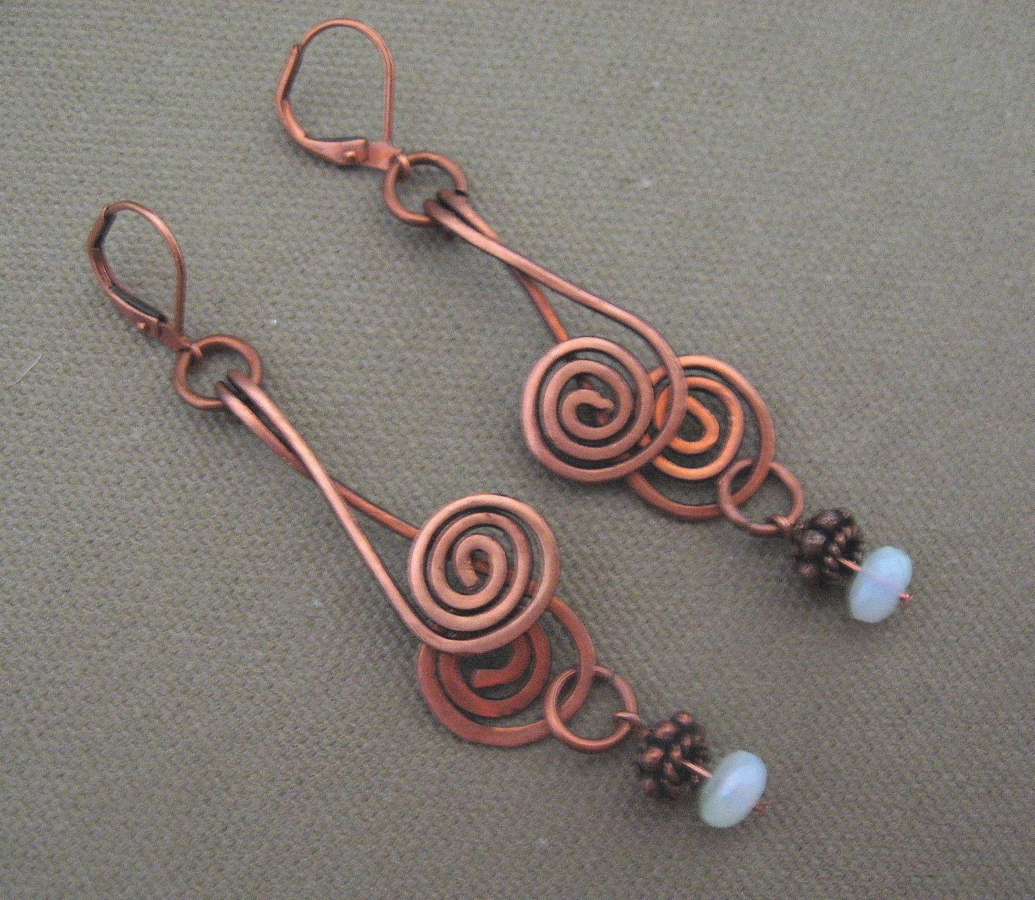 Copper Wire Wrapped Earrings Mint Green Bead