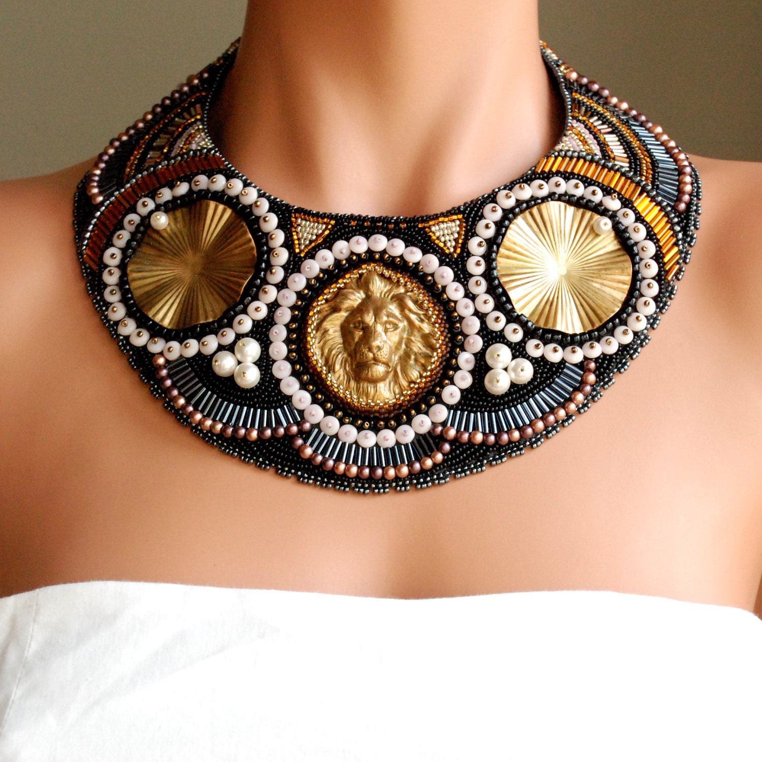 Diana's Companion - Large Statement Collar Necklace, Bead Embroidered, Geometric in Black and Neutral Colored Glass, Roman Lion