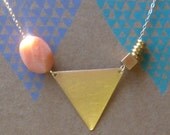 Coral and brass  geometric triangle necklace