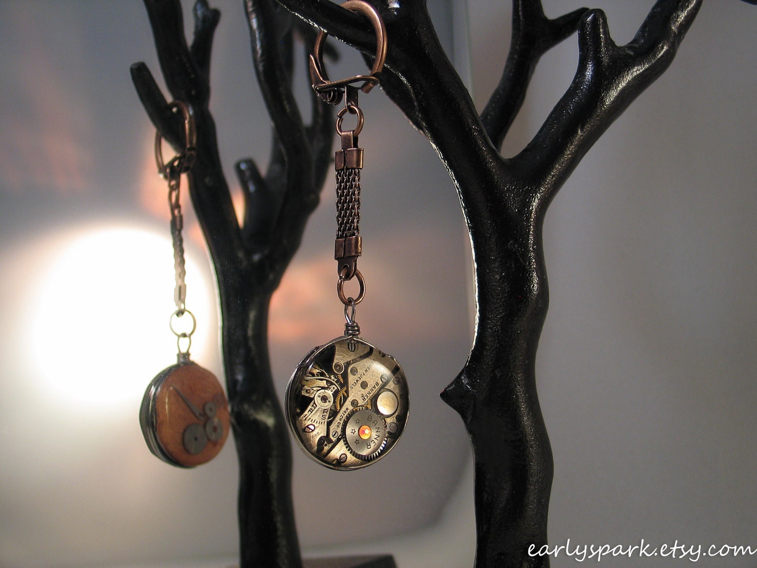 Steampunk Keychain, Vintage Watch Sealed in Resin with Gears and Crystals, Coppertronic Trinket