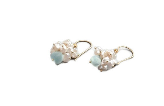 Gold Aquamarine Earrings with Keishi Pearls and Gold Vermeil - Age Of Aquarius Ooak