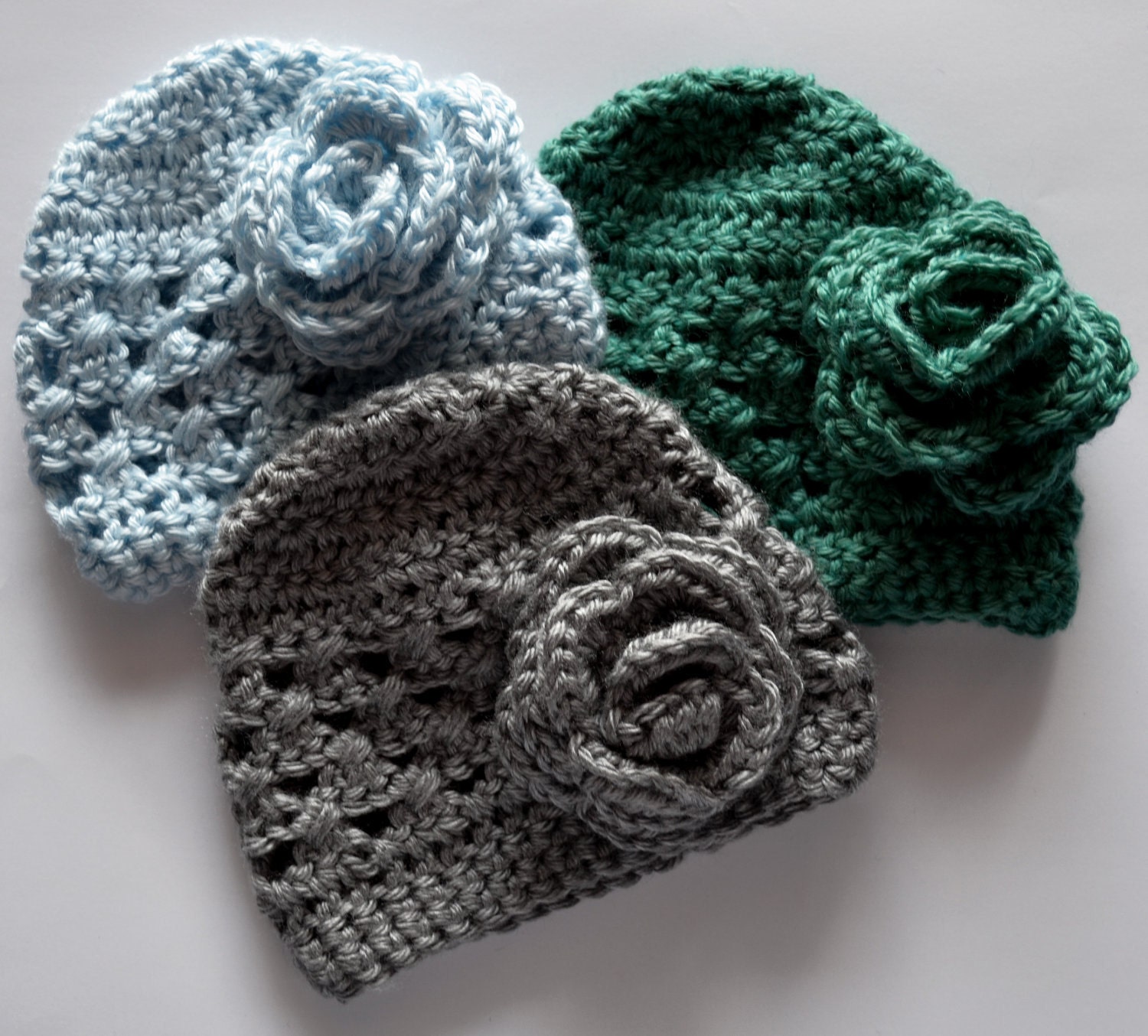 Infant Crochet hat set with interchangeable flower clips. Blue, Grey, green. Ready To Ship