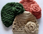 Infant Crochet hat set with interchangeable flower clips. Green, Orange, Beige. Ready To Ship