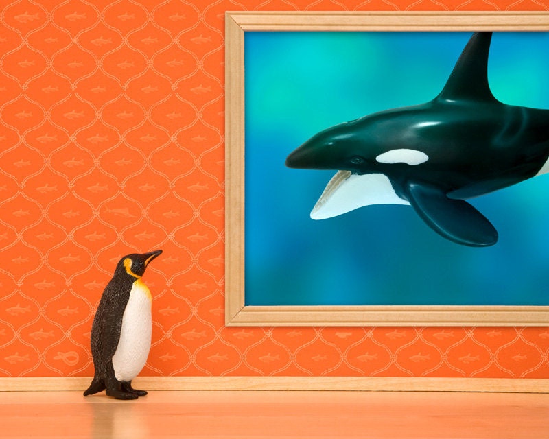 penguin and whale print, bright orange and aqua blue - Emperor Penguin 8 x 10