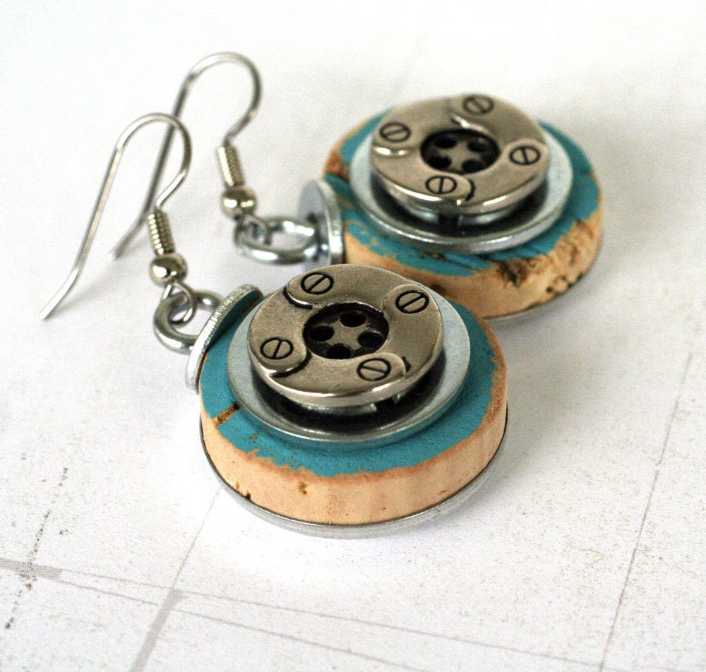 Wine Cork Button Earrings - Turquoise Blue - Recycled by Uncorked