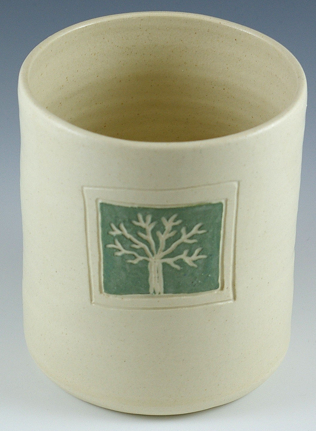 White Handmade Stoneware Utensil Holder,Small Ceramic Clay Crock, Sage Green , Tree