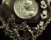 Joan of Arc necklace antique Victorian leather coin purse paste rhinestone religious rosary cross tassel vintage assemblage