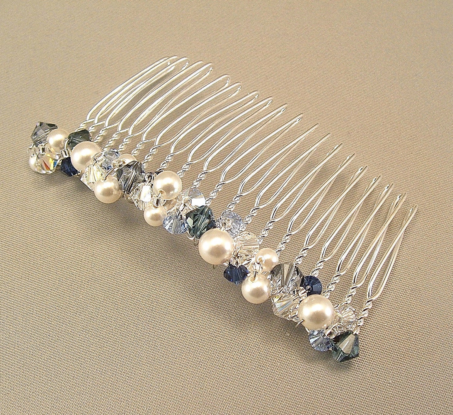 Bridal Party Hair Comb, Wedding Hair Accessories, Navy Blue Blend and White Pearl Mix, Something Blue, Navy Weddings, 3 inch width