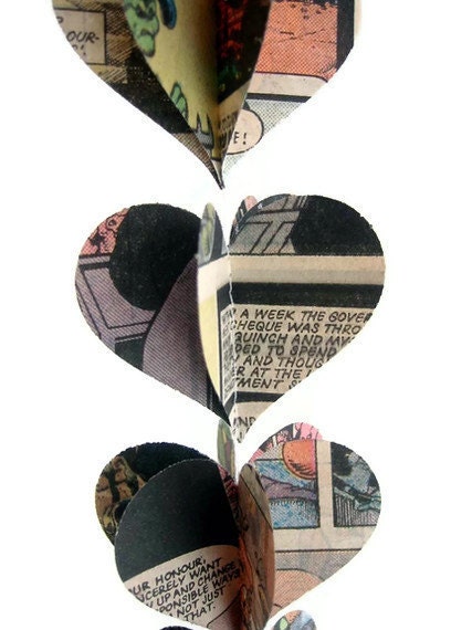 Comics- Heart Garland Decoration- Comic Book Pages- Triple Decker- Mini and Sweet Paper Heart Garland Decoration