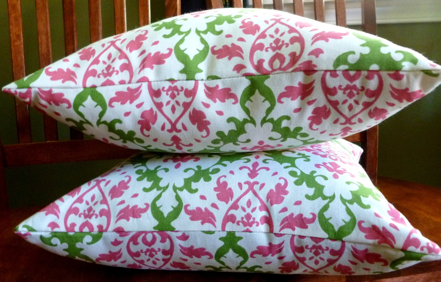 Decorative Throw Pillow Covers - Pink and Green Damask - Set of Two 18 Inch