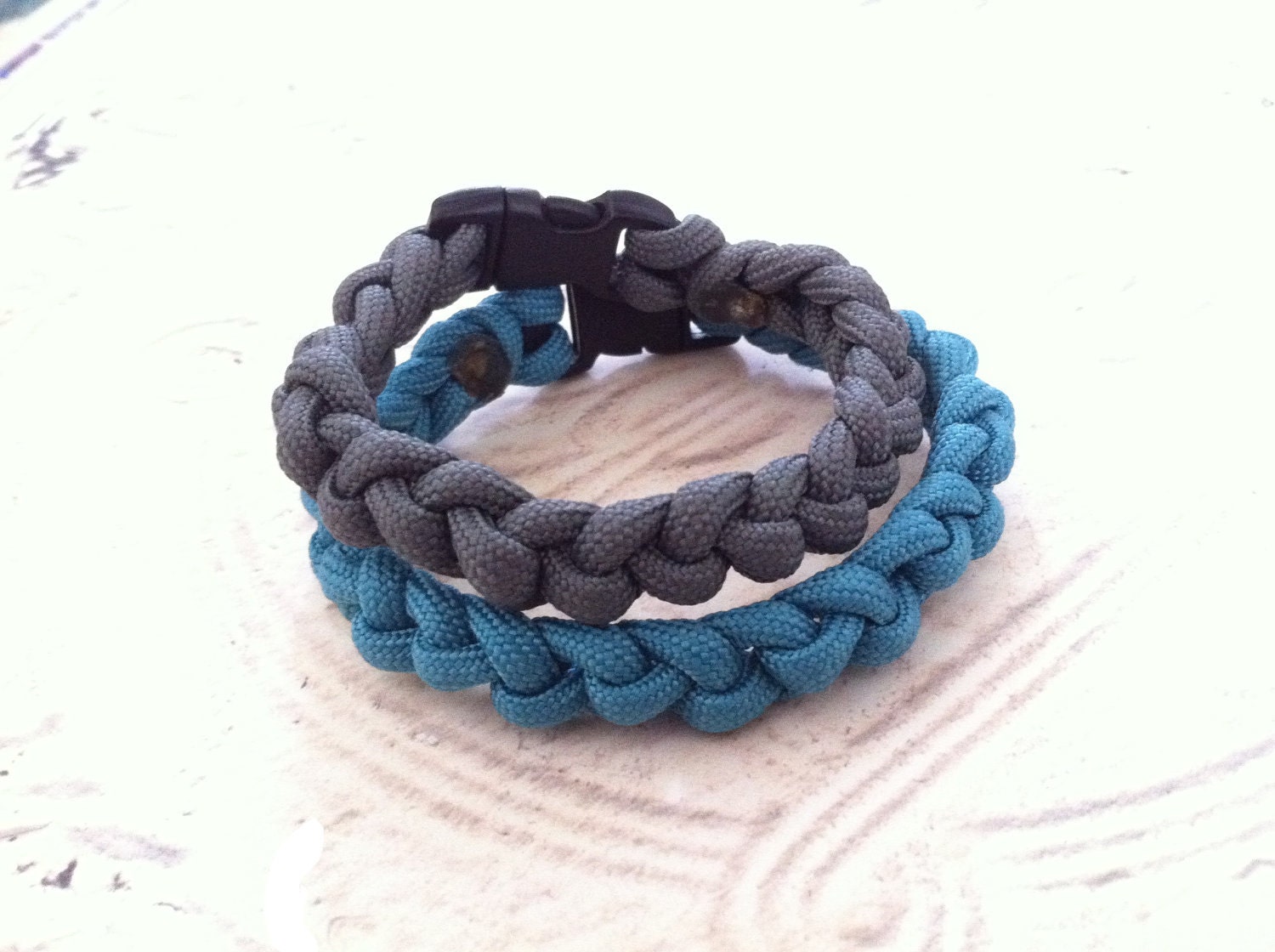 Grey and Blue Bracelets, Set of 2 Handwoven Bracelets, Handmade Paracord Survival Jewelry with Small Black Buckle - RuleNo15