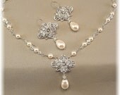 Silver Wedding Day Rhinestone White Pearl Drop Necklace and Earring Set, Rhinestone Bridal Jewelry, White or Ivory Pearls Available