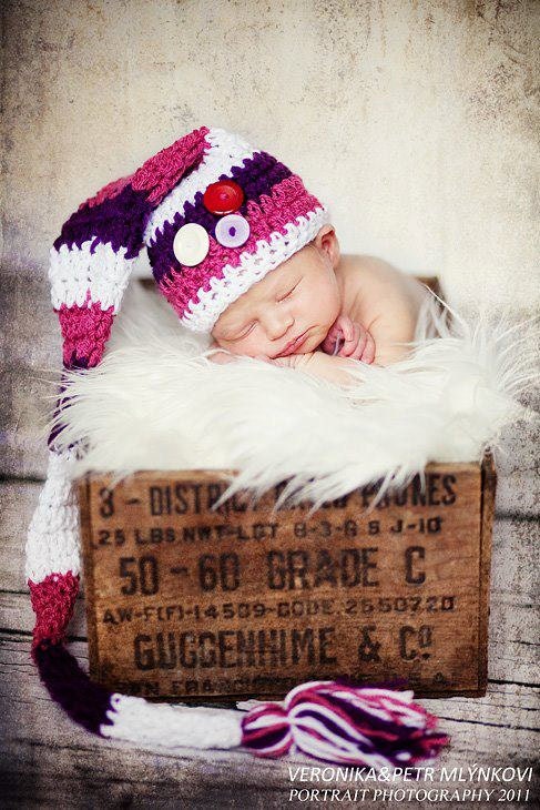 Crochet Long Tail Elf Pixie Baby Hat / White, Pink, Purple  Stripe / PDF Crochet Baby Hat Pattern/ Photography Prop