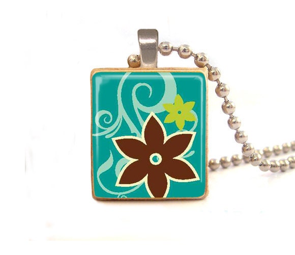 Teal Flower glory   Scrabble tile  pendant   scrabble tile jewelry  - Sale  Buy 3 Get 1 free