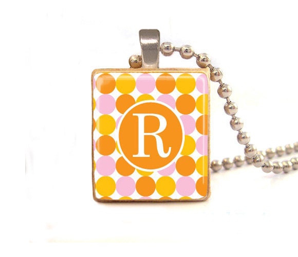 Choose your initial  orange pink polka  scrabble tile pendant , initial pendant , initial resin pendant
