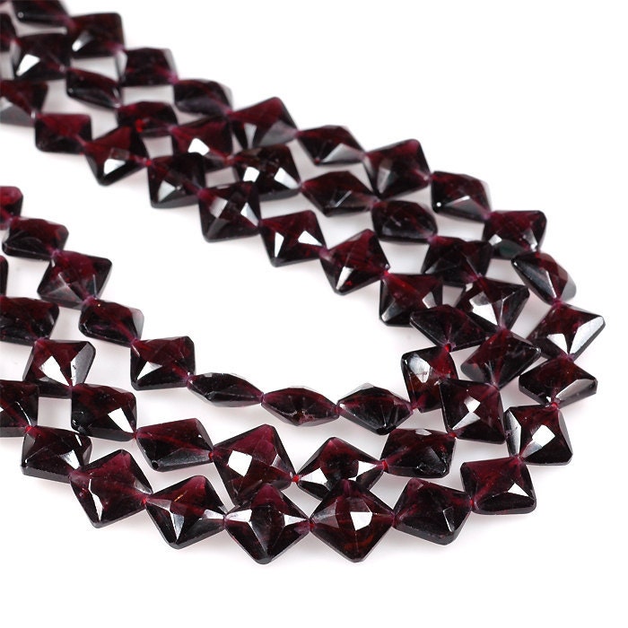 Deep Red GARNET faceted beads 10mm briolette Square Cushion Diamond  diagonal drill - 8 inch strand