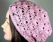 Tam Hat, Slouch Beanie Bamboo Crochet Shells in Pink