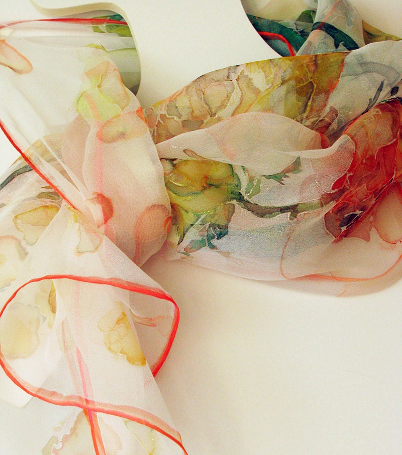 Hand painted Silk Scarf on chiffon silk Vintage Roses