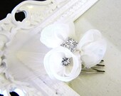 Off White Feather Bridal Hair Comb with Rhinestones and Organza Flowers