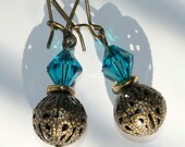 Filigree Earrings: Blue Crystals and Brass