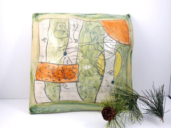 Wall Pillow 3-D ceramic hanging tile in green and orange / home decor / woodland forest / wall tile