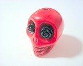 Gigantic Red Howlite Skull Bead or Pendant  with Black Roses in Eyes