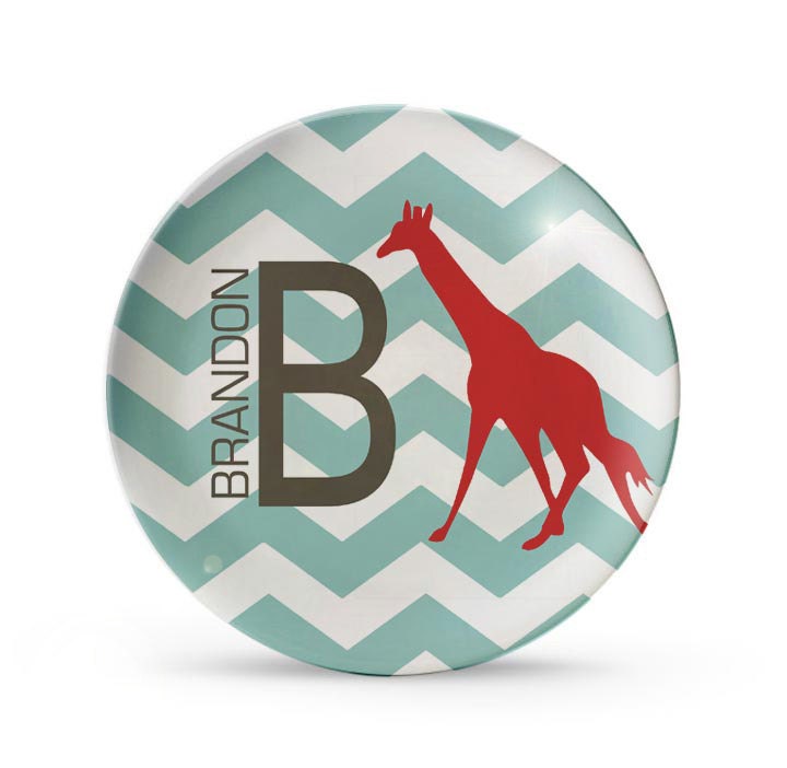 Chevron Melamine Plate, Personalized Giraffe Monogram Child's Plate