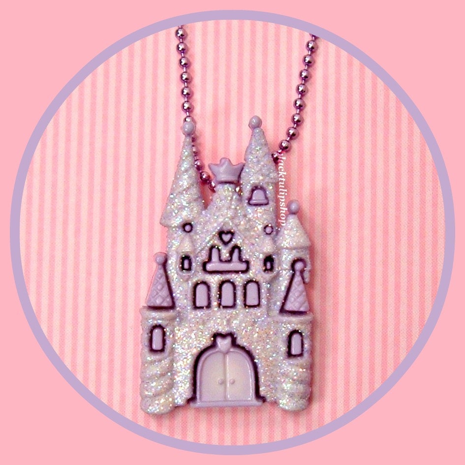 Kawaii Kitsch Sweet Lolita Fairy Kei Decora Kei Lovely Lilac Pastel Purple Glitter Princess Love Castle Cabochon/Charm/Pendant Necklace