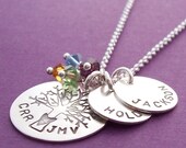 Personalized Family of FOUR Oak Tree Necklace - EWD Hand Stamped Sterling Silver Charms with Initials and Children's Names