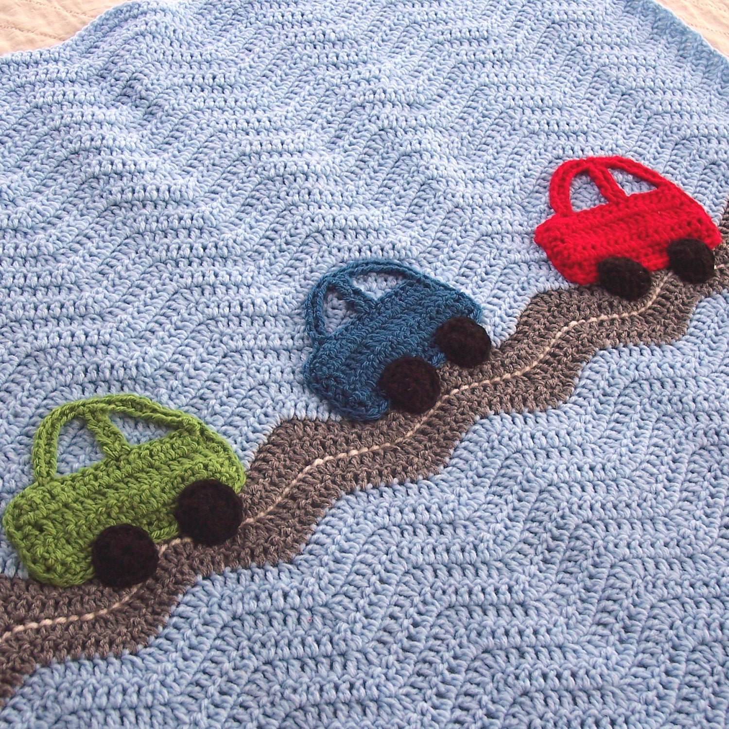 Crochet Cars Ripple Blanket  - A Baby Boy Ripple Afghan in Blue and Gray with Green, Blue, Red Car Appliques - 31 x 31 Size