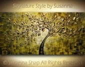 ORIGINAL Large Abstract Gold Olive Green Tree Painting Textured Modern Palette Knife Art  by Susanna 48x24