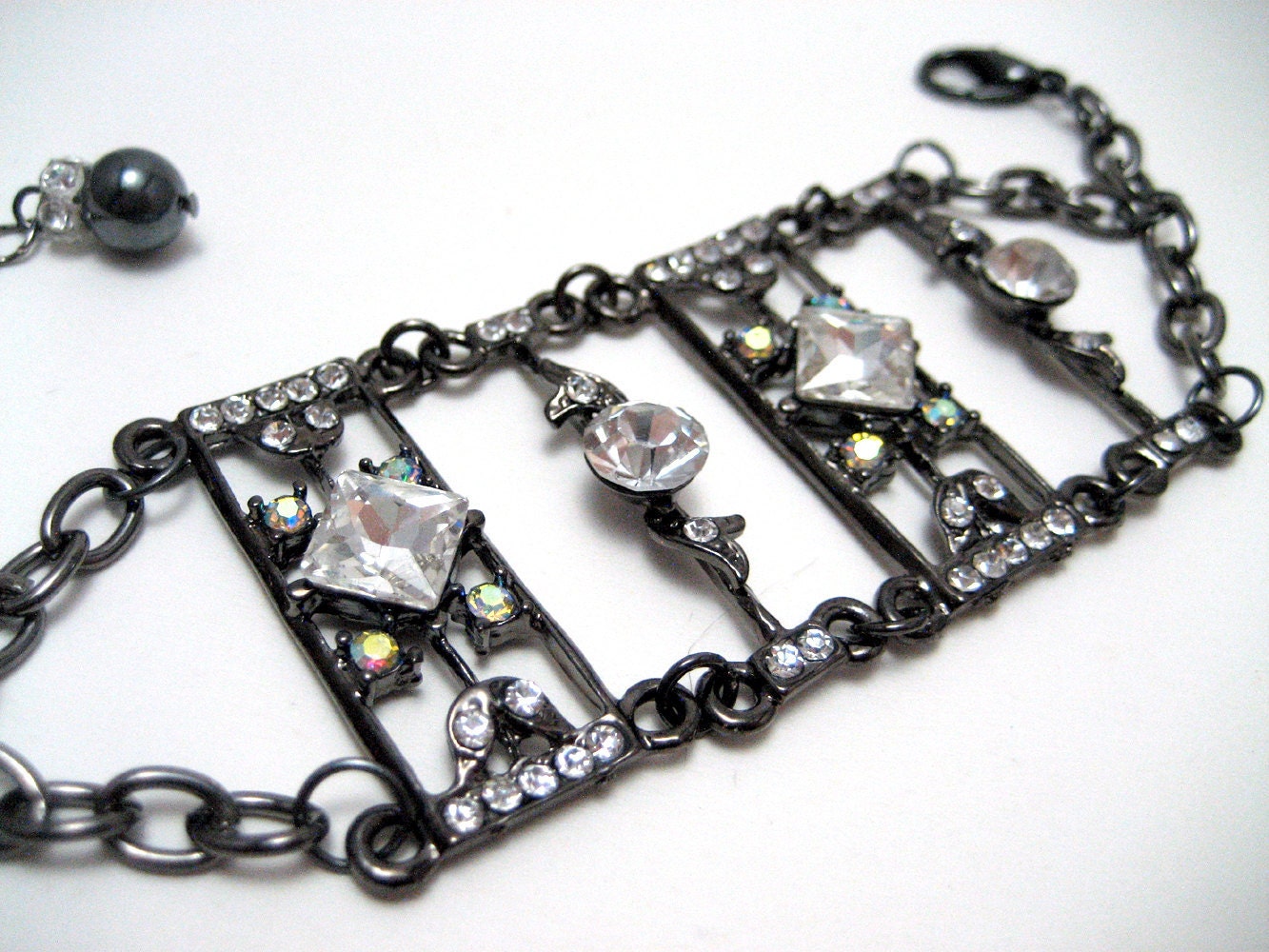 Gothic Rhinestone Metalwork Bracelet - Chunky gunmetal filigree with clear crystal accent cuff - Rocker Chic