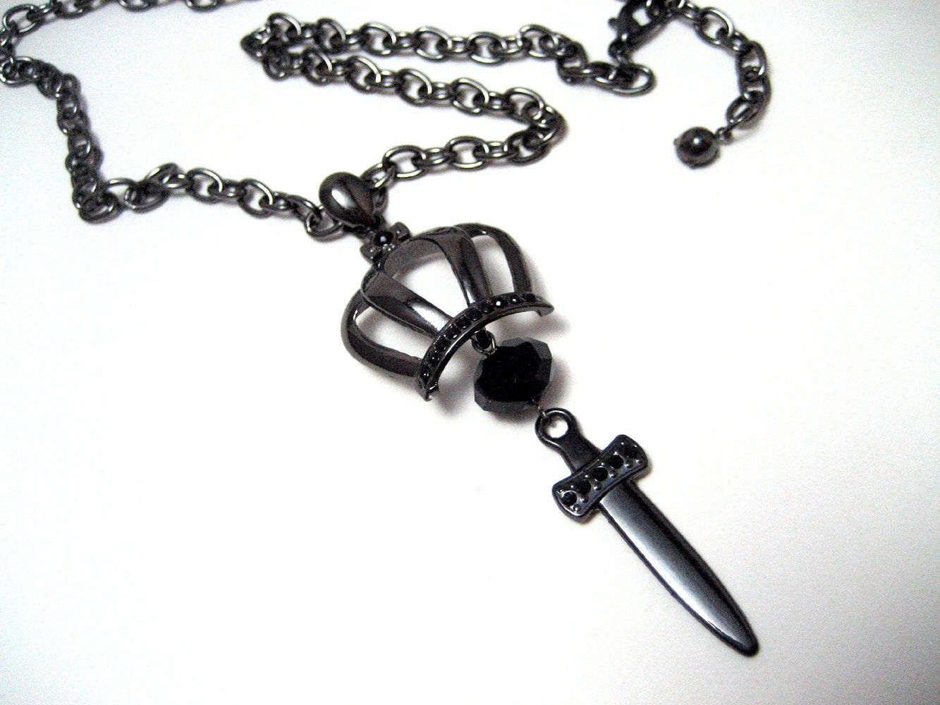 Sword and Crown Necklace - Gunmetal and black rhinestone jewelry with crown and dagger pendant - Regency