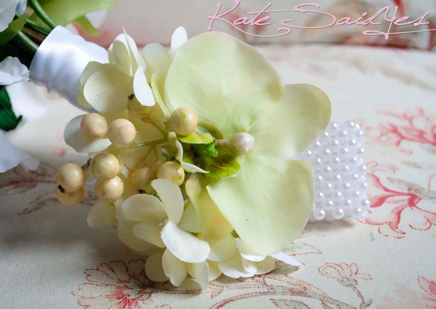 Wedding Corsage - Light Green Orchid and Hydrangea Corsage